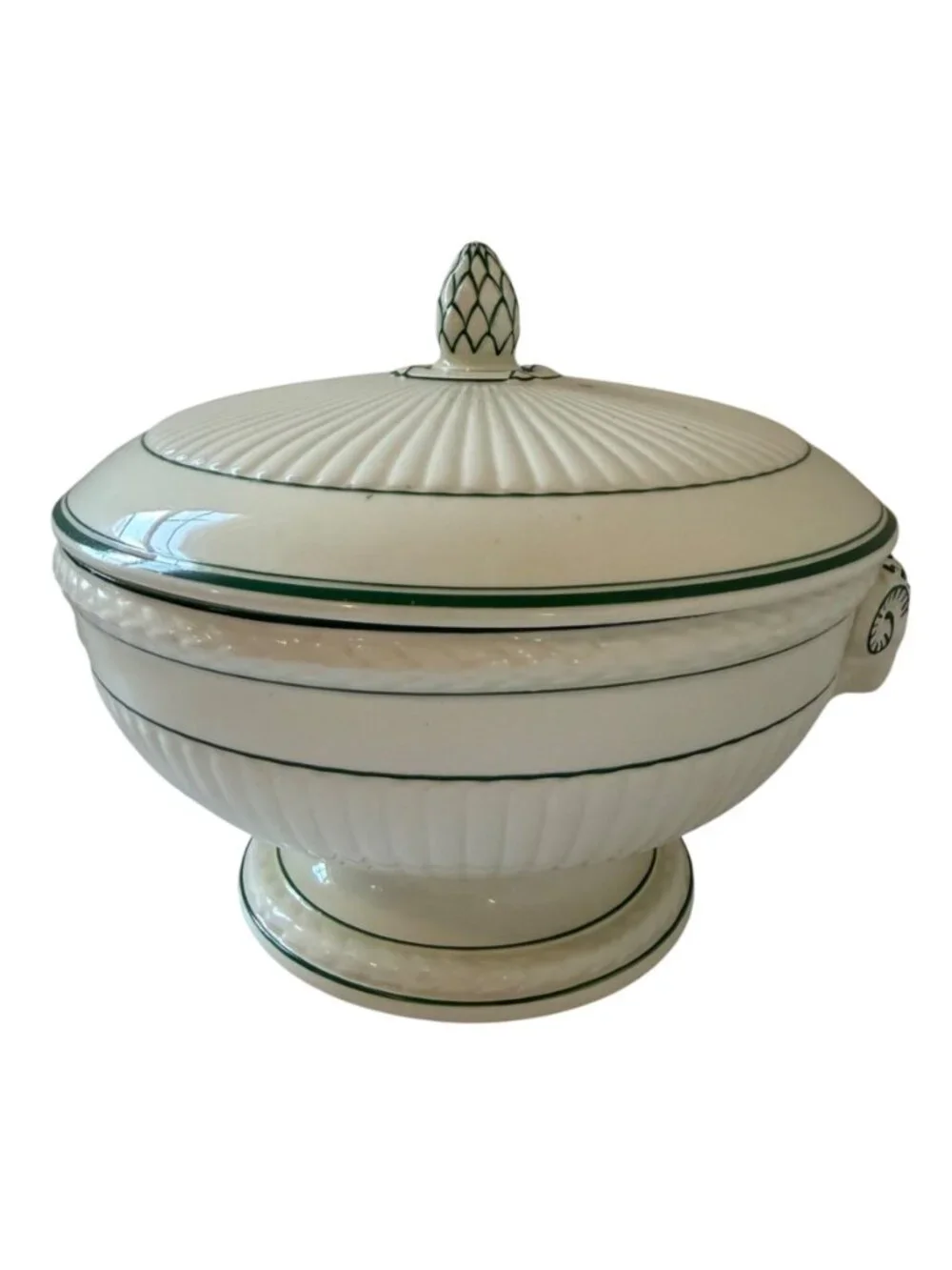 Vintage Wedgwood EDME Covered Tureen Green Trim Rams Head Handles England